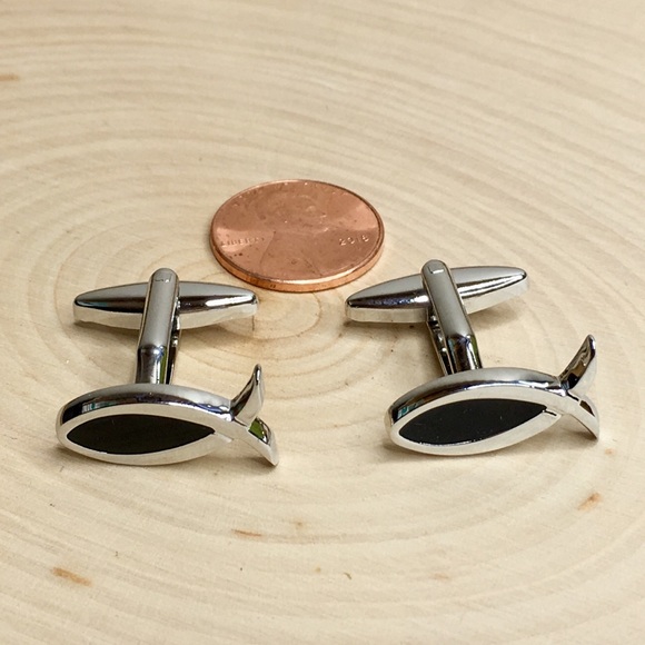 Fish Cufflinks Religious Silver with Black Enamel - Picture 5 of 8
